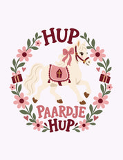 Hup paardje – Bloemen Sinterklaas strijktransfer – Een paard met roze strik in een bloemenkrans