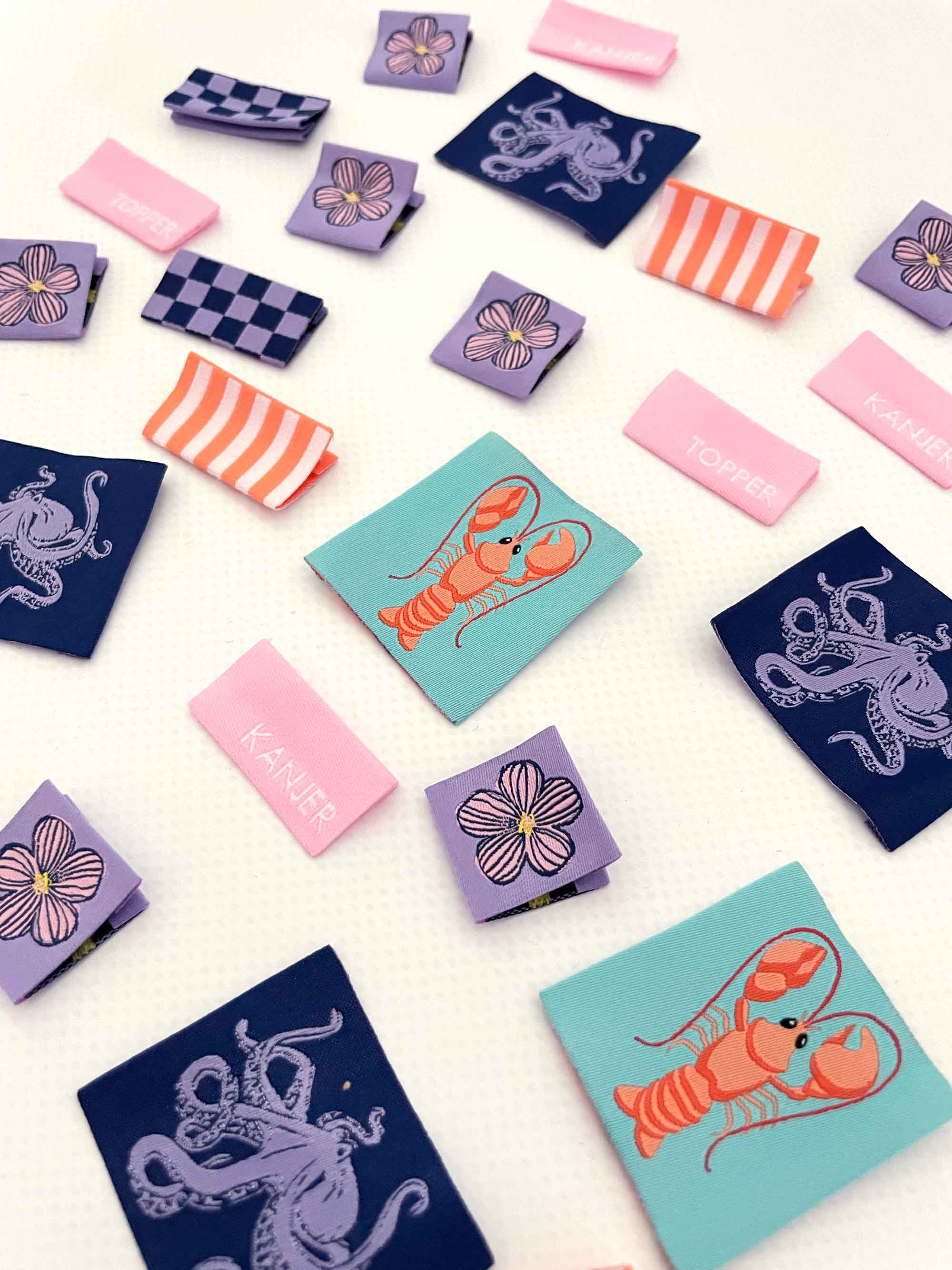 Spring Tides Label Pack | 6 Geweven Labels met Octopus, Kreeft & Meer