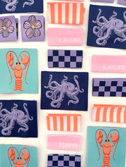 Spring Tides Label Pack | 6 Geweven Labels met Octopus, Kreeft & Meer