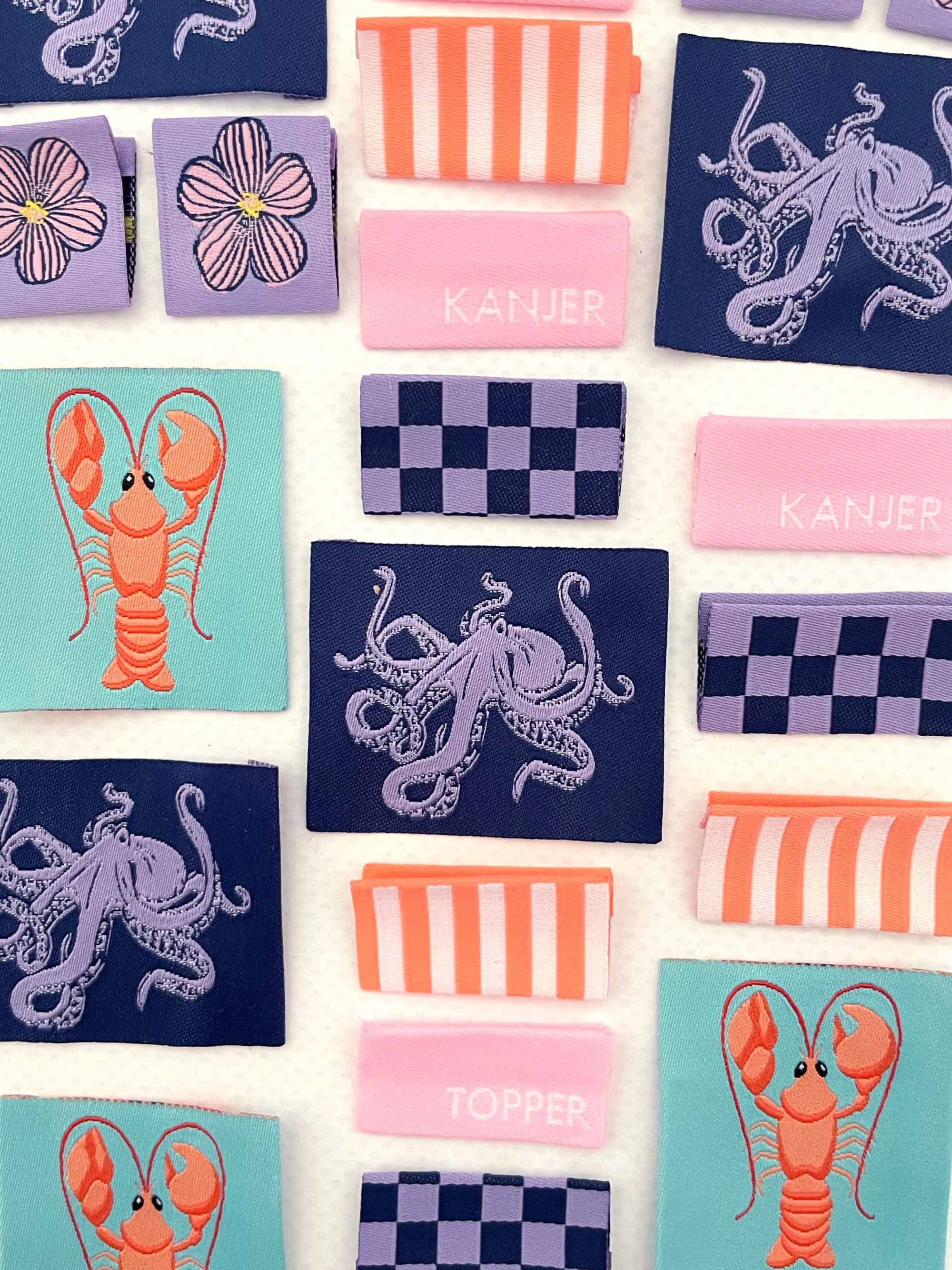 Spring Tides Label Pack | 6 Geweven Labels met Octopus, Kreeft & Meer