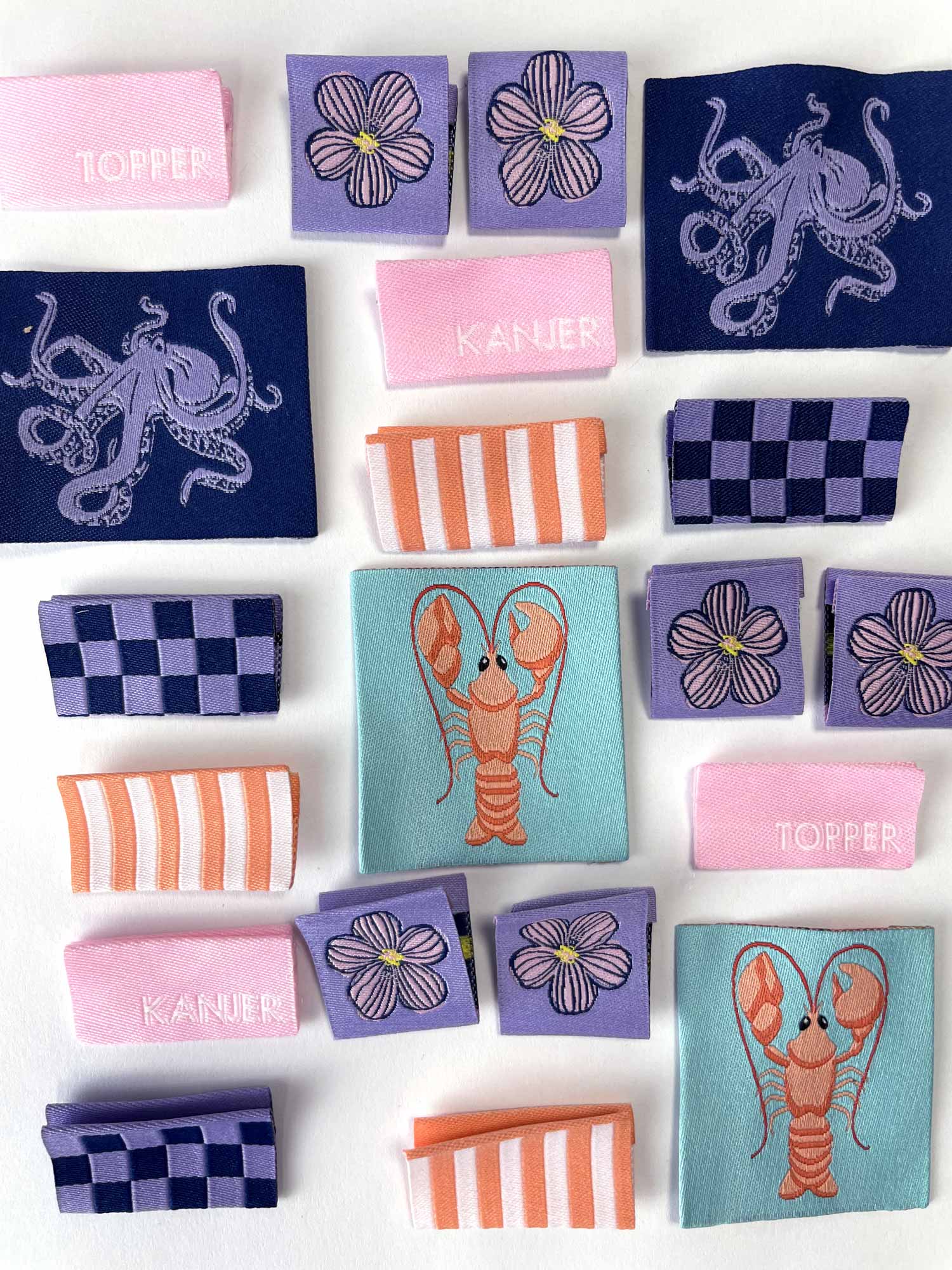 Spring Tides Label Pack | 6 Geweven Labels met Octopus, Kreeft & Meer