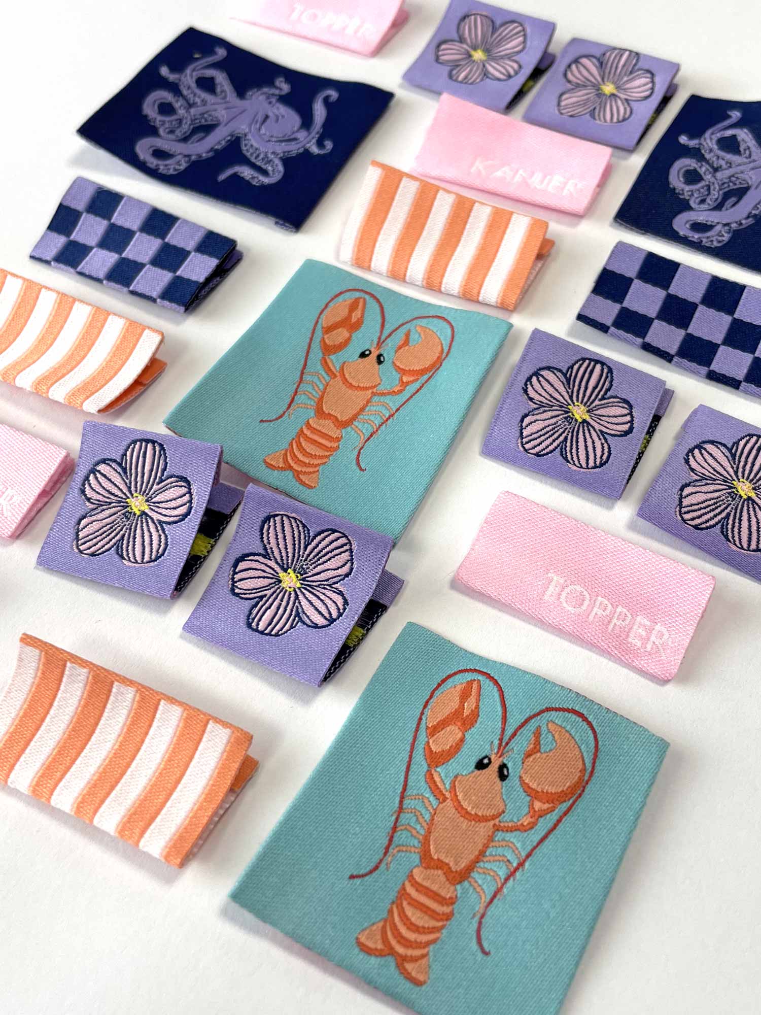 Spring Tides Label Pack | 6 Geweven Labels met Octopus, Kreeft & Meer