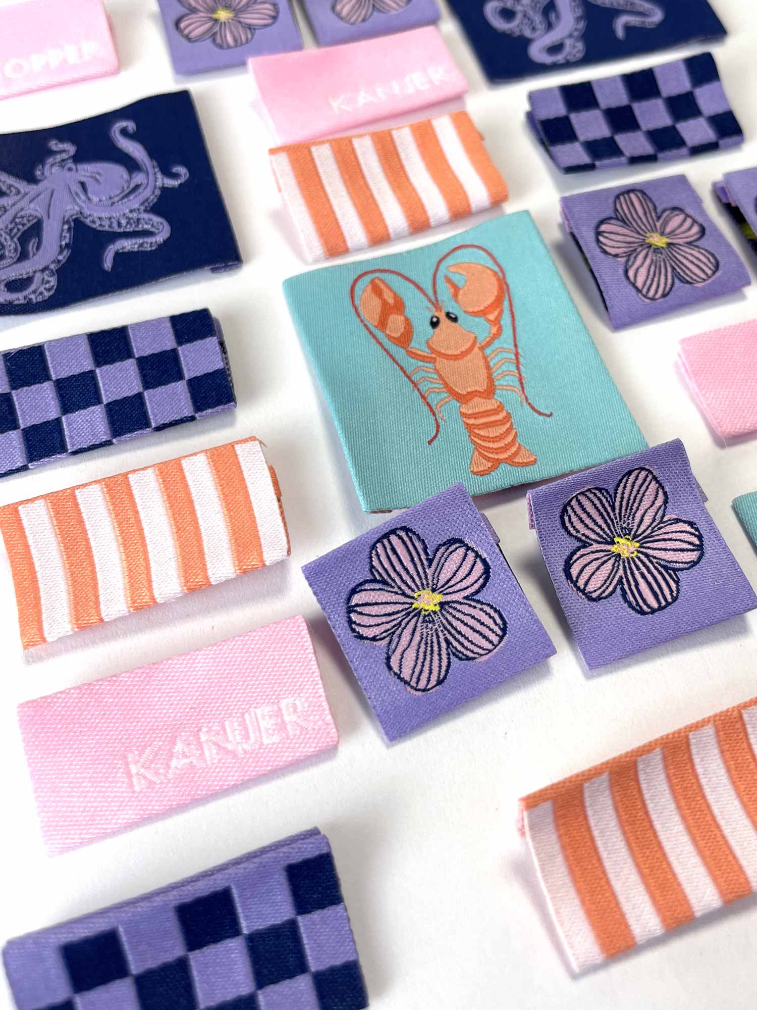 Spring Tides Label Pack | 6 Geweven Labels met Octopus, Kreeft & Meer