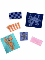 Spring Tides Label Pack | 6 Geweven Labels met Octopus, Kreeft & Meer