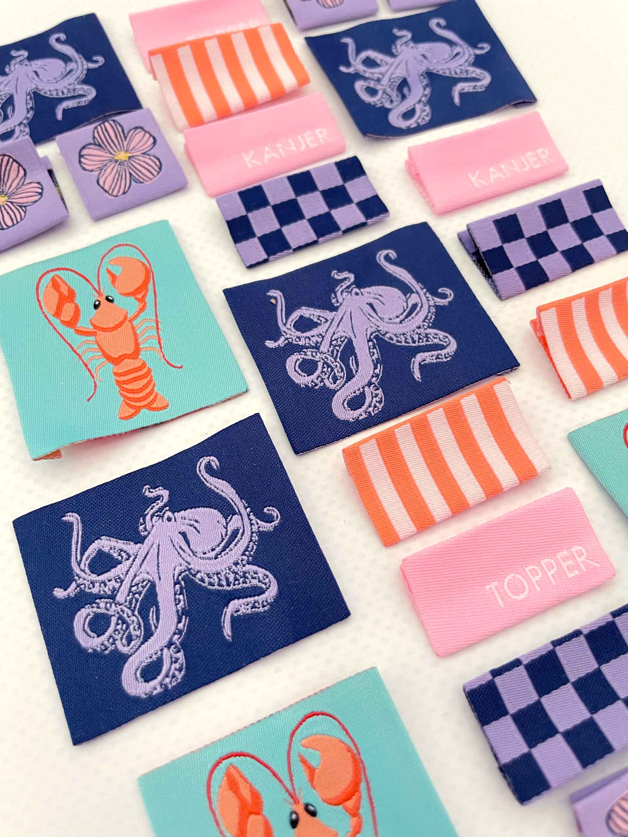 Spring Tides Label Pack | 6 Geweven Labels met Octopus, Kreeft & Meer