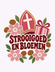 Strooigoed & Bloemen – Retro Sinterklaas strijktransfer – Een mijter, roze bloemen en stevige retroletters