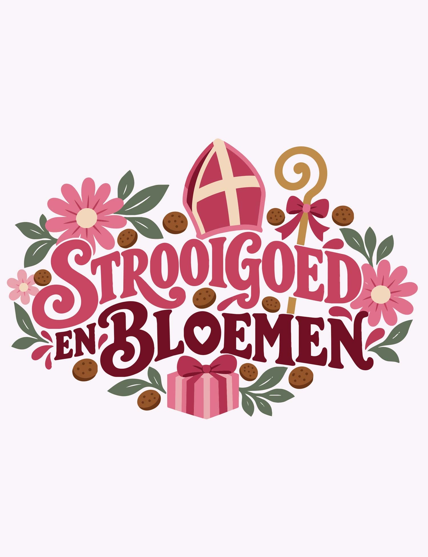 Strooigoed & Bloemen – Sierlijk Sinterklaas strijktransfer – Sierlijke letters met bloemen, mijter en staf
