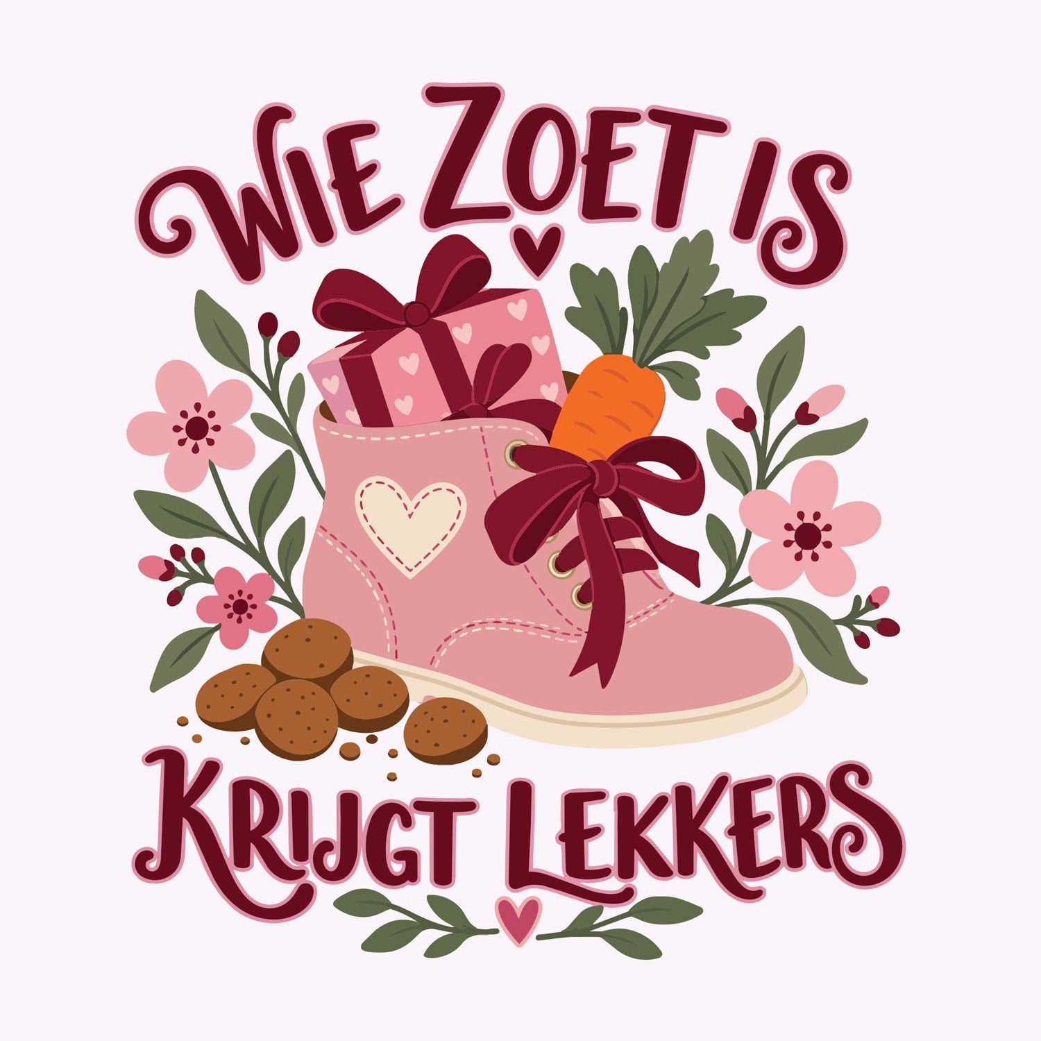 Wie zoet is Sinterklaas strijktransfer – Een roze laarsje met cadeautjes en bloemen